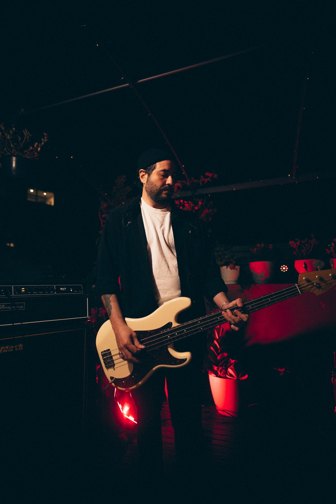 Bassist playing electric bass surrounded by plants and red lighting.