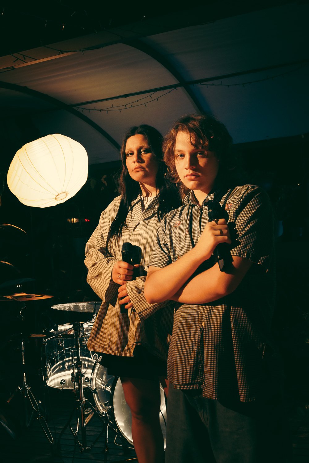 Caroline & Claude pause between songs on the rooftop stage