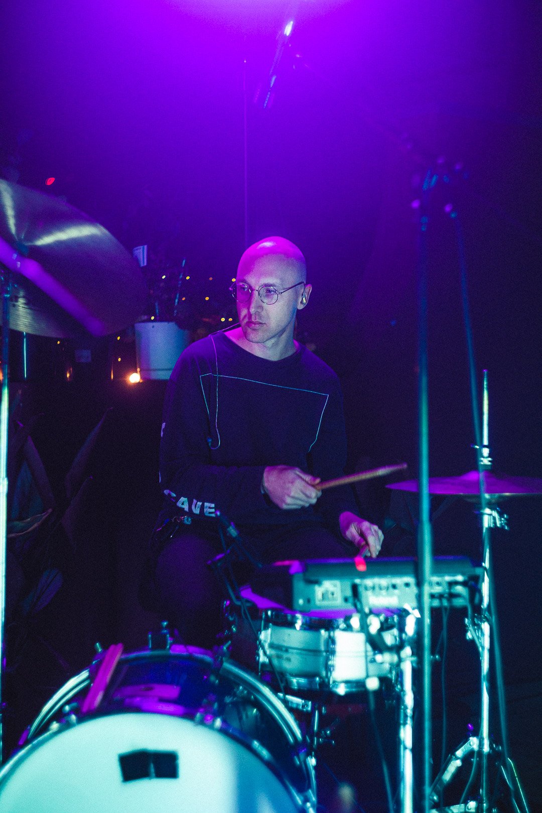 The drummer performing with an electronic kit during Skeleten’s rooftop live show